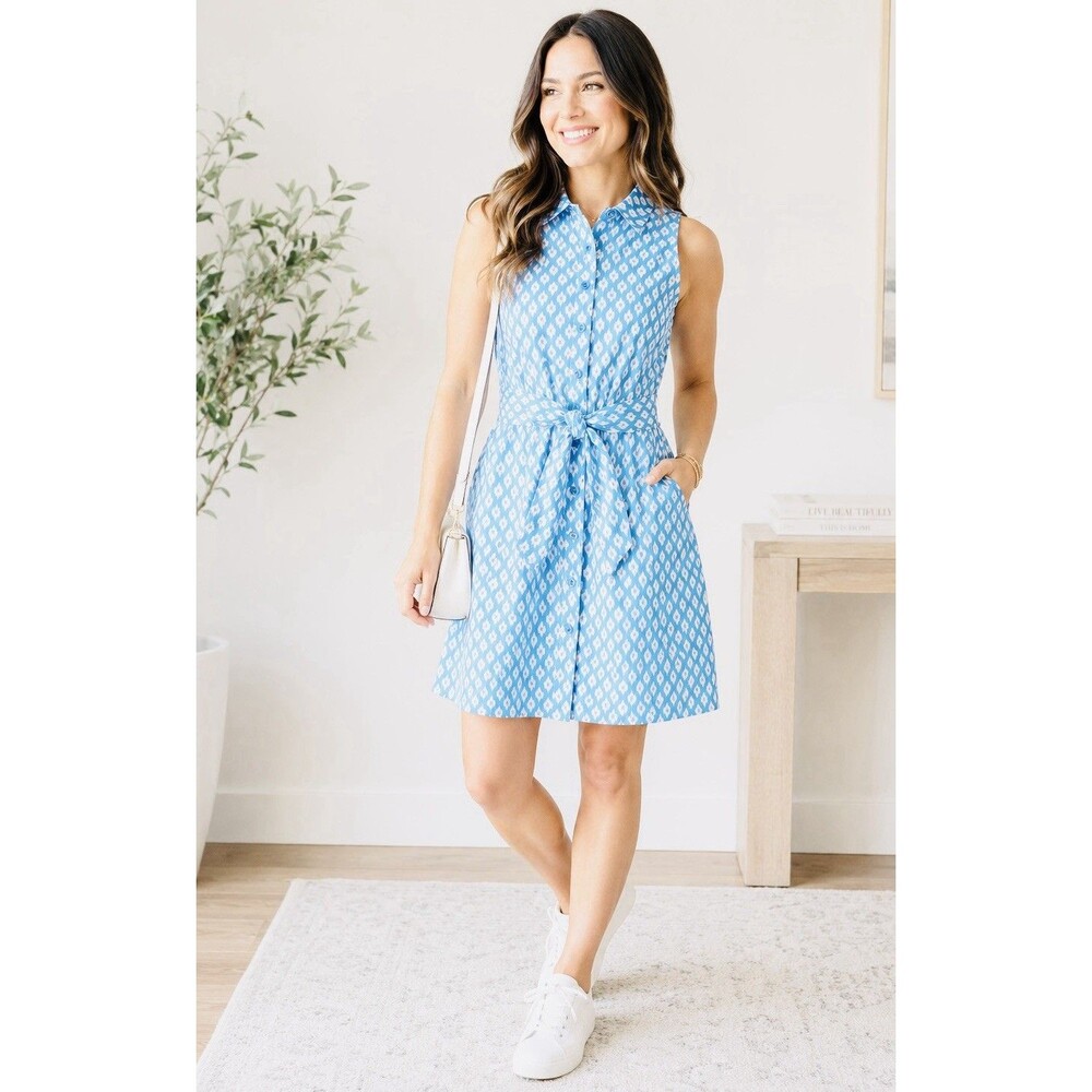 MICHAEL KORS BLUE WHITE PRINTED TIE FRONT SHIRT DRESS 4 SOFT COTTON